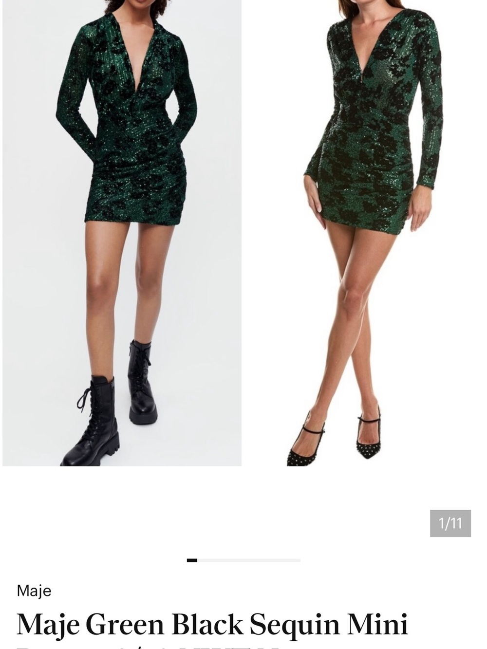 Nwot - Unworn Maje  Emerald and Black Sequin Plunge Mini Dress size 36